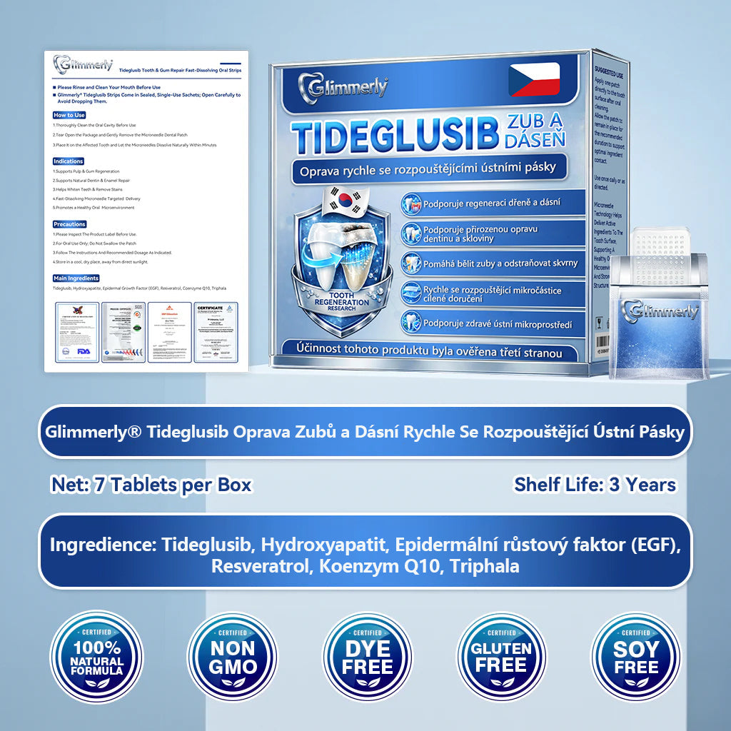 🦷 Glimmerly® Tideglusib Oral Strips – Pokročilá regenerace zubů a dásní | Aktivace kmenových buněk 🧬 | Obnova dentinu 💎 | Posílení skloviny ⚡ | Redukce citlivosti 💧 | Neinvazivní péče o úsměv ✨