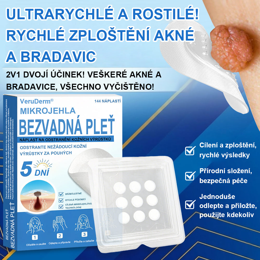 VeruDerm® 2v1 mikrojehličková a hydrokoloidní náplast | Cílená péče o kožní výrůstky, pupínky, ploché bradavice a drobné nedokonalosti ✅ | Pomáhá zjemnit vzhled vrásek, jizev a nerovností pleti ✨ | Diskrétní náplast na obličej i tělo | 144 ks